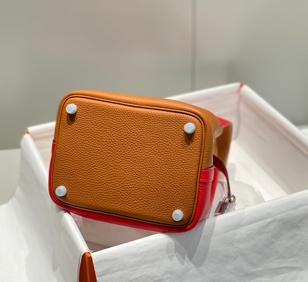 HERMES 25S PICOTIN LOCK 18 IN GOLDEN BROWN AND RED CALFSKIN SILVER HARDWARE