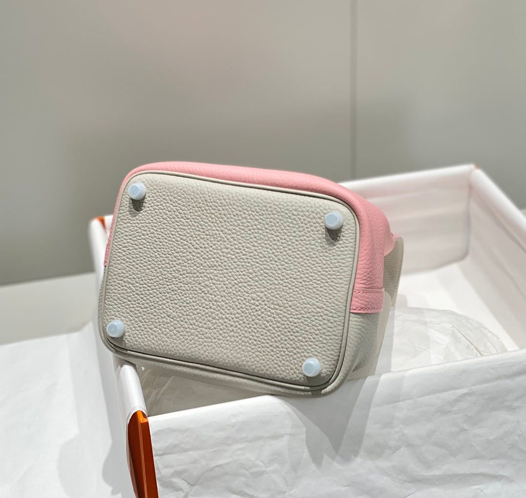 HERMES 25S PICOTIN LOCK 18 IN PINK AND LIGHT GRAY CALFSKIN SILVER HARDWARE
