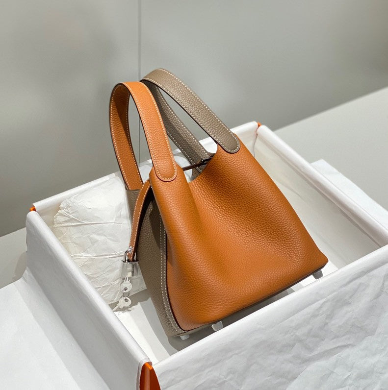 HERMES 25S PICOTIN LOCK 18 IN BROWN AND ORANGE COMBINATION CALFSKIN SILVER HARDWARE