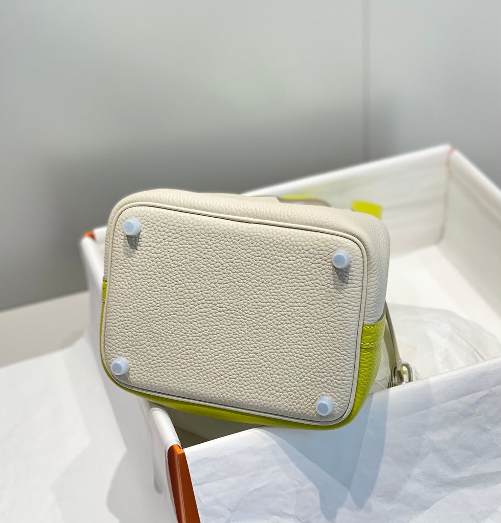 HERMES 25S PICOTIN LOCK 18 IN WHITE AND LEMON YELLOW CALFSKIN SILVER HARDWARE