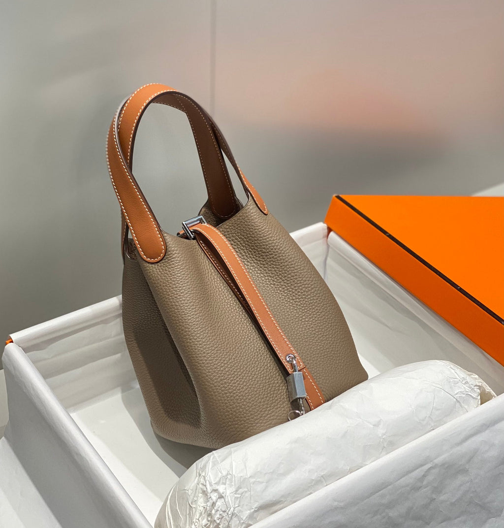 HERMES 25S PICOTIN LOCK 18 IN BURNT ORANGE AND BROWN CALFSKIN SILVER HARDWARE