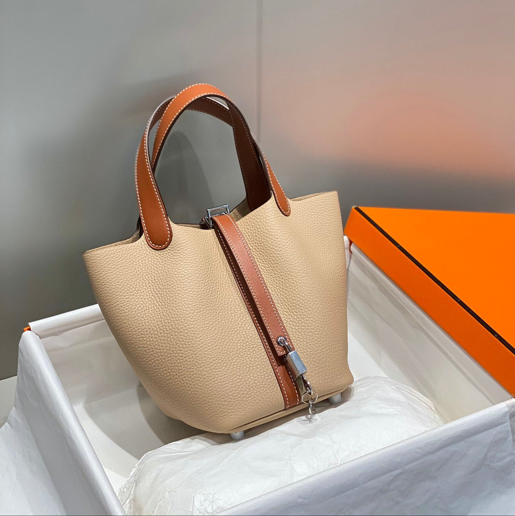HERMES 25S PICOTIN LOCK 18 IN BURNT ORANGE AND LIGHT BROWN CALFSKIN SILVER HARDWARE