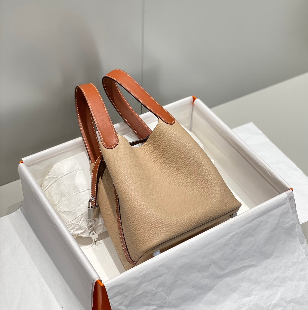 HERMES 25S PICOTIN LOCK 18 IN BURNT ORANGE AND LIGHT BROWN CALFSKIN SILVER HARDWARE