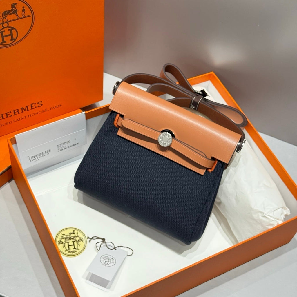 HERMES 25S MINI HERBAG 20 IN NAVY BLUE CANVAS SILVER HARDWARE