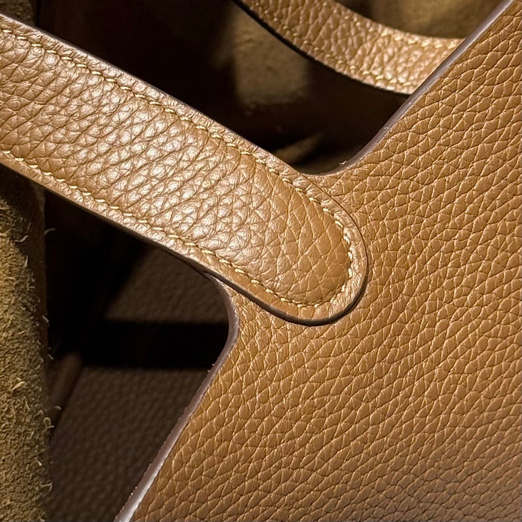 HERMES 25S PICOTIN LOCK 22 IN BURNT CARAMEL CALFSKIN GOLD HARDWARE