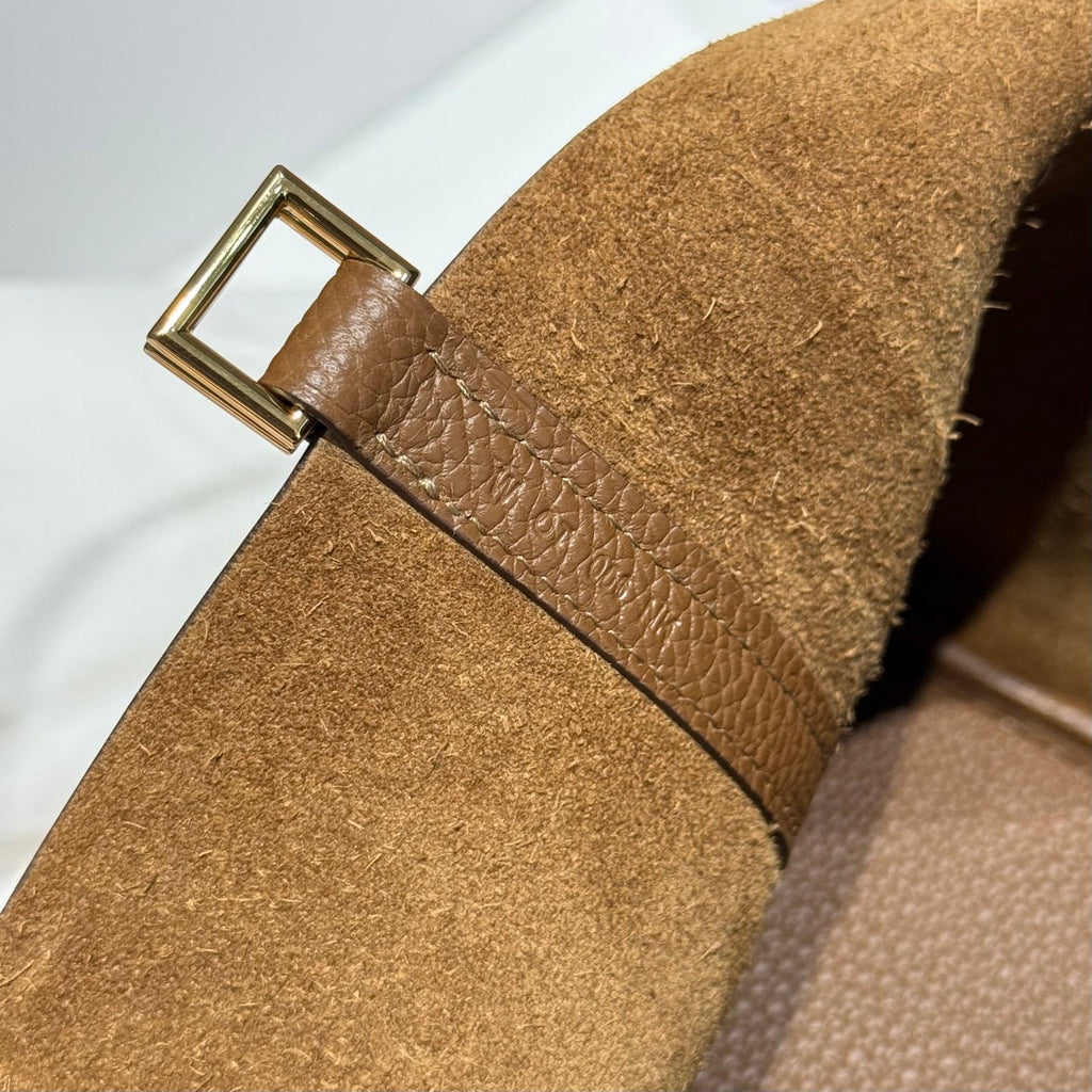 HERMES 25S PICOTIN LOCK 22 IN BURNT CARAMEL CALFSKIN GOLD HARDWARE