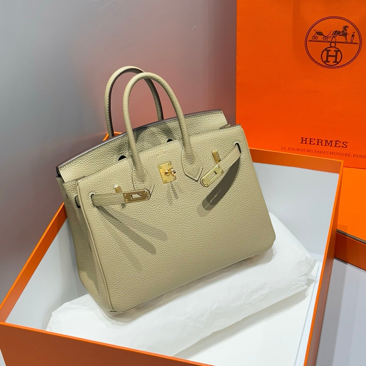 HERMES 25S MEDIUM BIRKIN 25 IN DARK KHAKI CALFSKIN GOLD HARDWARE