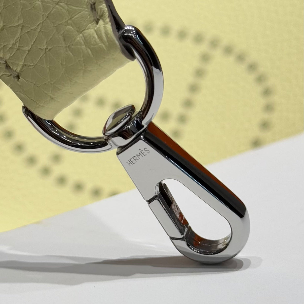 HERMES 25S MINI EVELYNE 18 IN MILTON YELLOW PATTERNED STRAP CALFSKIN SILVER HARDWARE