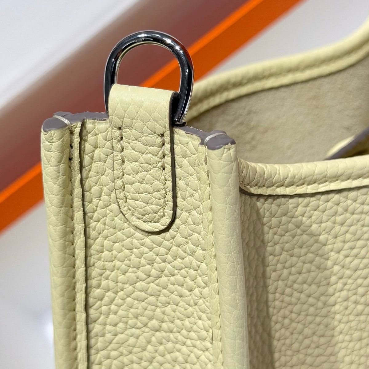 HERMES 25S MINI EVELYNE 18 IN MILTON YELLOW PATTERNED STRAP CALFSKIN SILVER HARDWARE