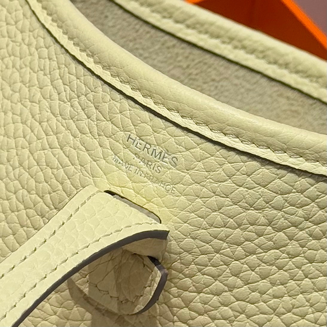 HERMES 25S MINI EVELYNE 18 IN MILTON YELLOW PATTERNED STRAP CALFSKIN SILVER HARDWARE